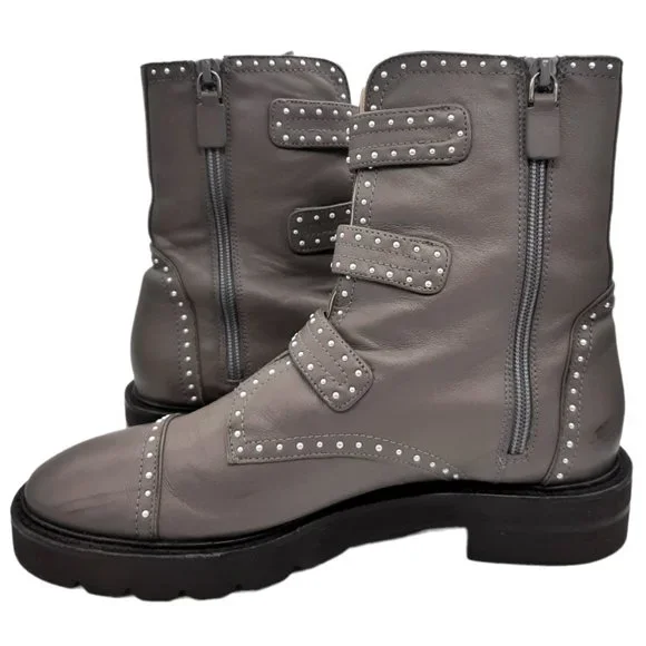 Stuart Weitzman Gray Jesse Lift Pearl Studded Leather Combat Boots SZ 7.5